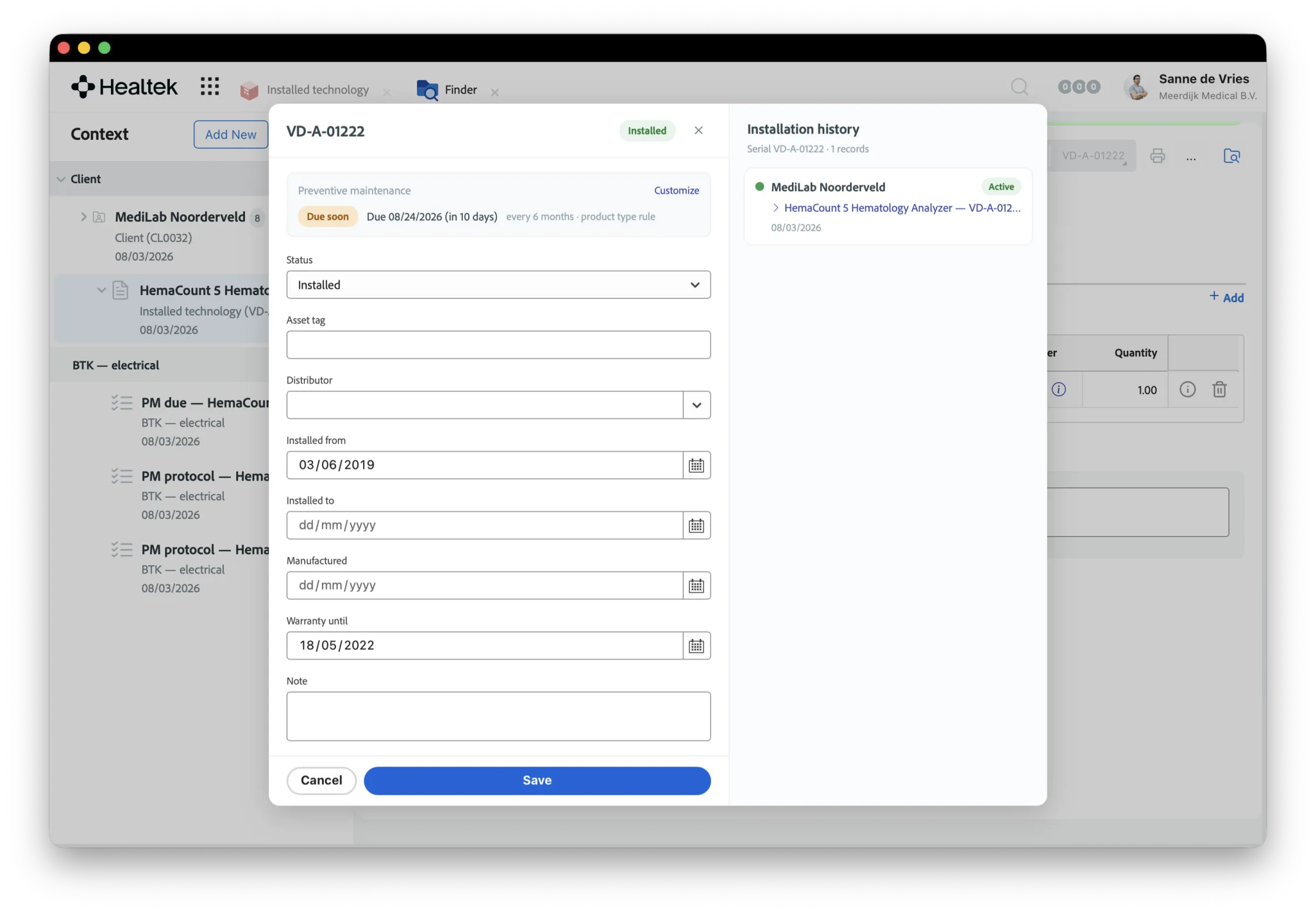 Installed base view with preventive maintenance tracked per device