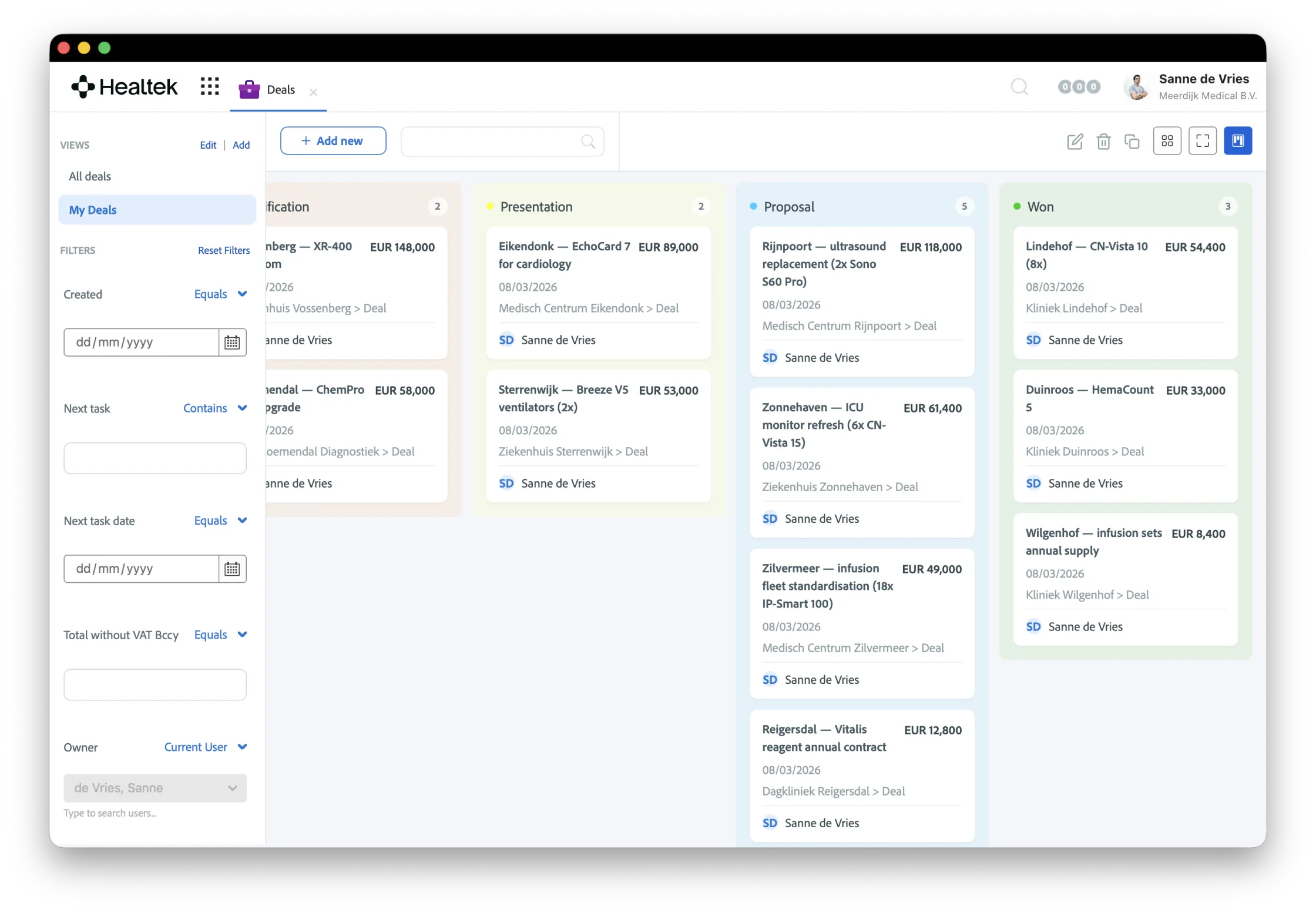 Sales OS — deal pipeline arranged by stage