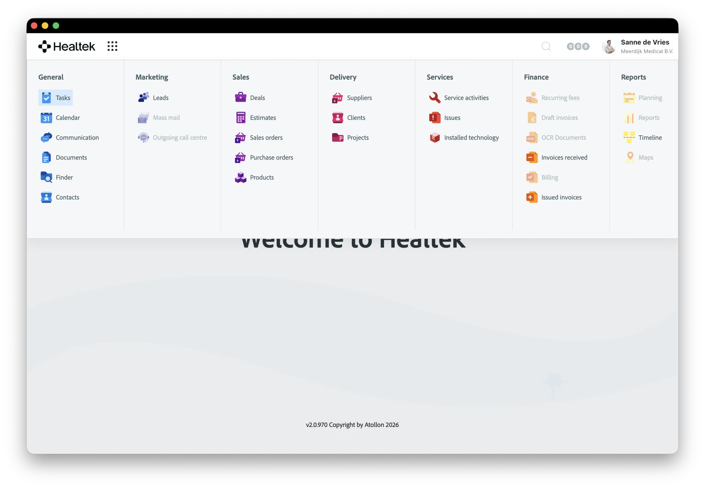 Healtek workspace launcher — sales, service, delivery and finance in one system